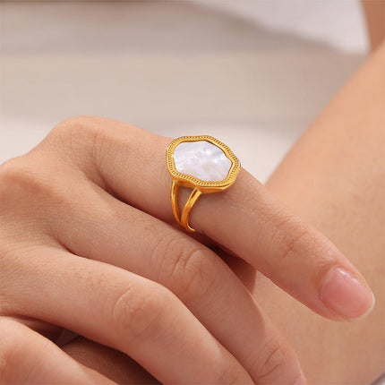 French Geometric Irregular White Sea Shell Ring Titanium Steel Plated 18k Gold Adjustable Vintage Creative Design Ring Girl