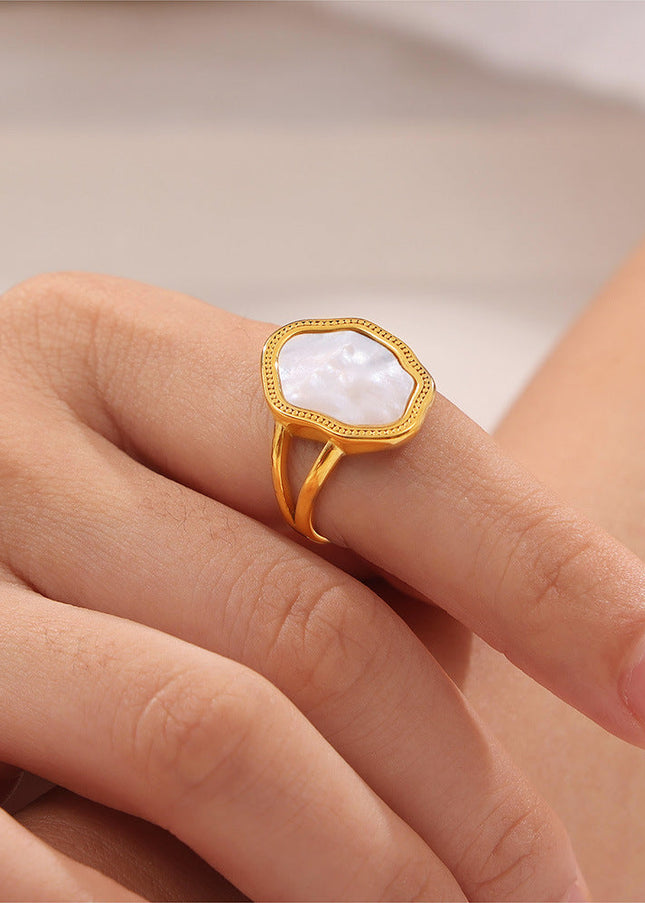 French Geometric Irregular White Sea Shell Ring Titanium Steel Plated 18k Gold Adjustable Vintage Creative Design Ring Girl