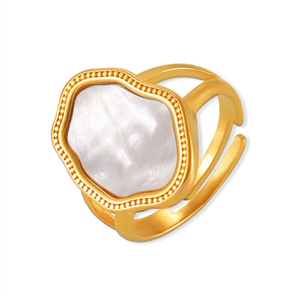 French Geometric Irregular White Sea Shell Ring Titanium Steel Plated 18k Gold Adjustable Vintage Creative Design Ring Girl