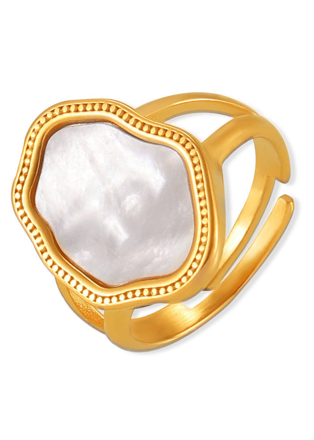 French Geometric Irregular White Sea Shell Ring Titanium Steel Plated 18k Gold Adjustable Vintage Creative Design Ring Girl