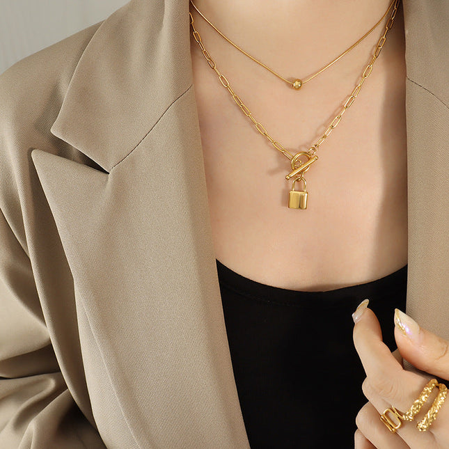 European and American indifferent ins trendy OT buckle two wearing lock steel ball pendant stacked titanium steel necklace delicate women's jewelry