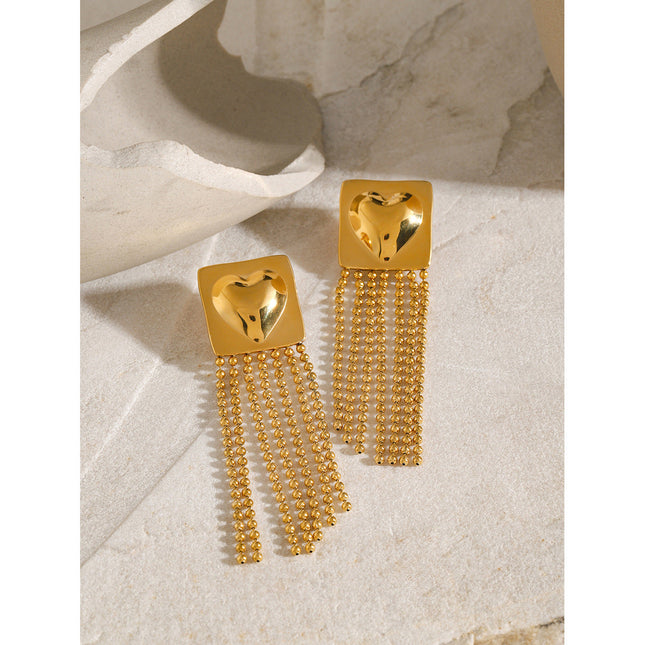 18k gold stainless steel glossy square heart heart hanging gold steel beads tassel earrings There are left and right sides
