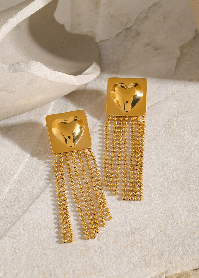 18k gold stainless steel glossy square heart heart hanging gold steel beads tassel earrings There are left and right sides