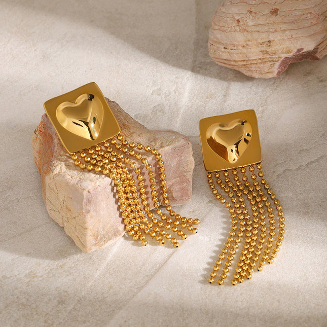 18k gold stainless steel glossy square heart heart hanging gold steel beads tassel earrings There are left and right sides