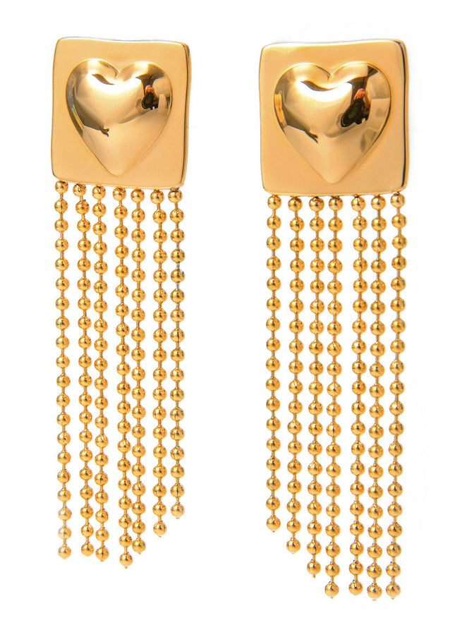 18k gold stainless steel glossy square heart heart hanging gold steel beads tassel earrings There are left and right sides