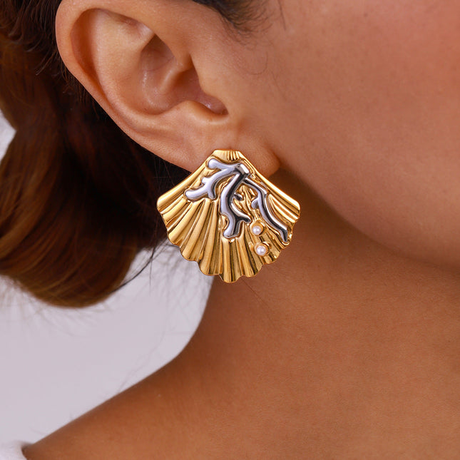 Jieding European and American stainless steel pearl stud earrings high-quality marine wind earrings titanium steel earrings cross-border earrings