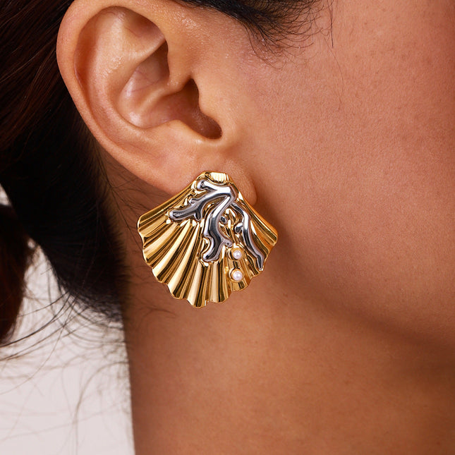 Jieding European and American stainless steel pearl stud earrings high-quality marine wind earrings titanium steel earrings cross-border earrings