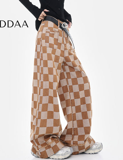 Beige Checkerboard Plaid Wide Leg Trousers - S / Khaki - Women’s Jeans