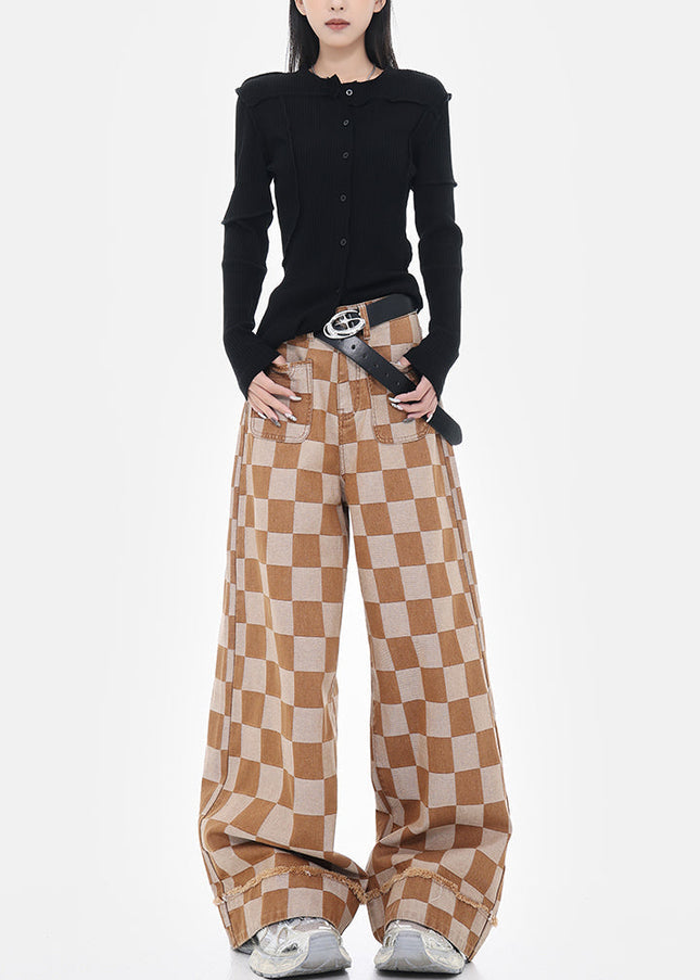 Beige Checkerboard Plaid Wide Leg Trousers - Women’s Jeans
