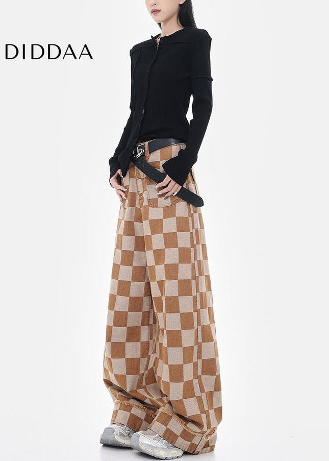 Beige Checkerboard Plaid Wide Leg Trousers - Women’s Jeans