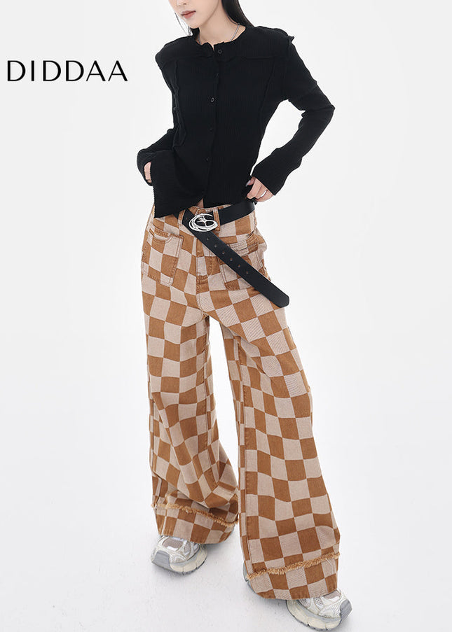 Beige Checkerboard Plaid Wide Leg Trousers - Women’s Jeans