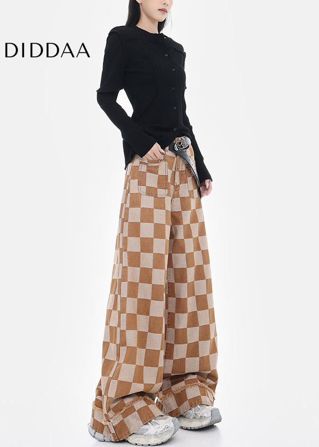 Beige Checkerboard Plaid Wide Leg Trousers - Women’s Jeans