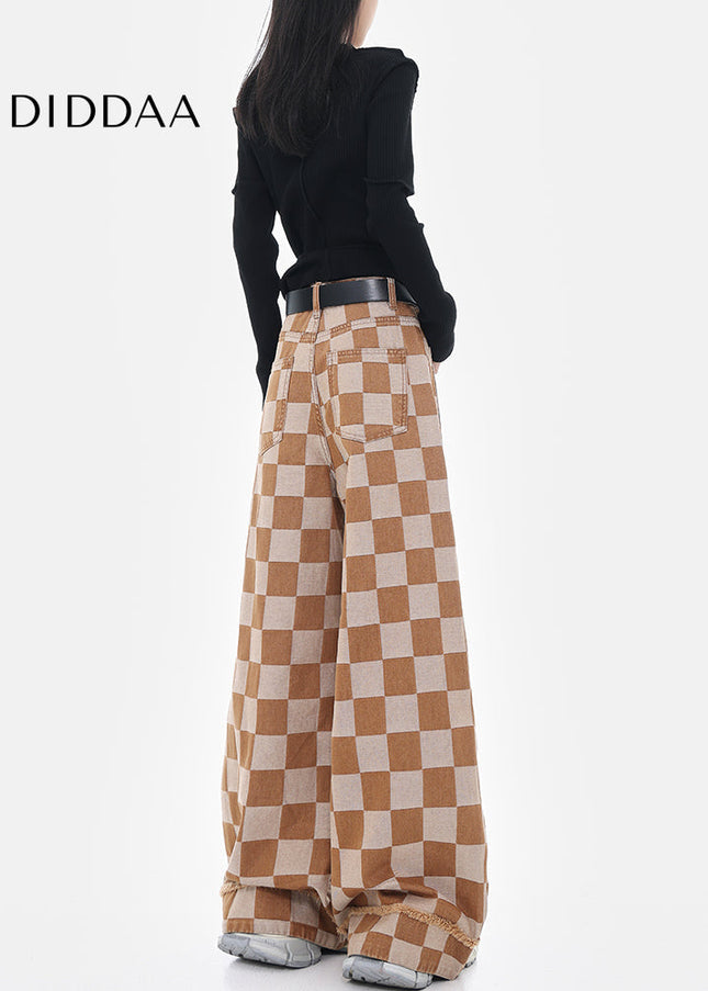 Beige Checkerboard Plaid Wide Leg Trousers - Women’s Jeans