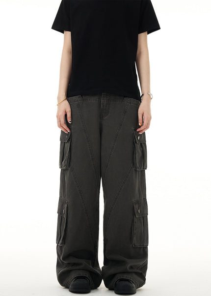 Beige Deconstructed Cargo Jeans Multi-Pocket Loose Fit - Men’s Jeans