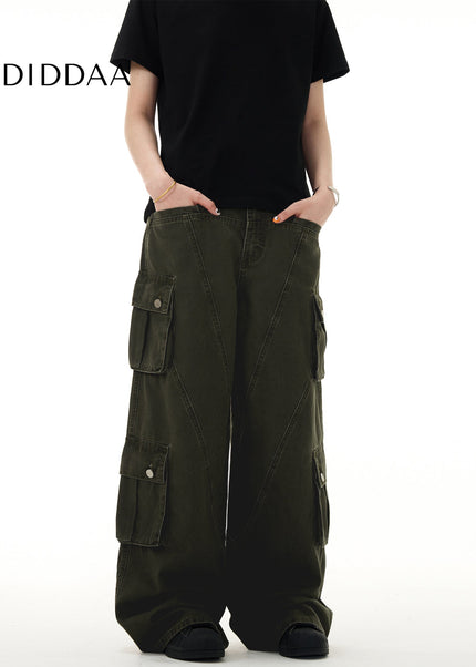 Beige Deconstructed Cargo Jeans Multi-Pocket Loose Fit - Men’s Jeans