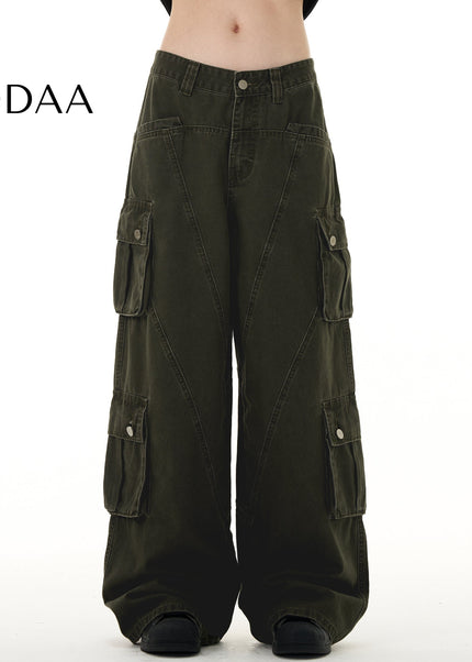 Beige Deconstructed Cargo Jeans Multi-Pocket Loose Fit - Men’s Jeans