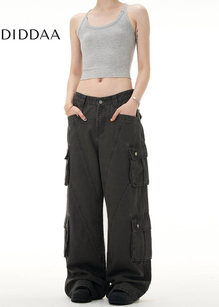 Beige Deconstructed Cargo Jeans Multi-Pocket Loose Fit - Men’s Jeans