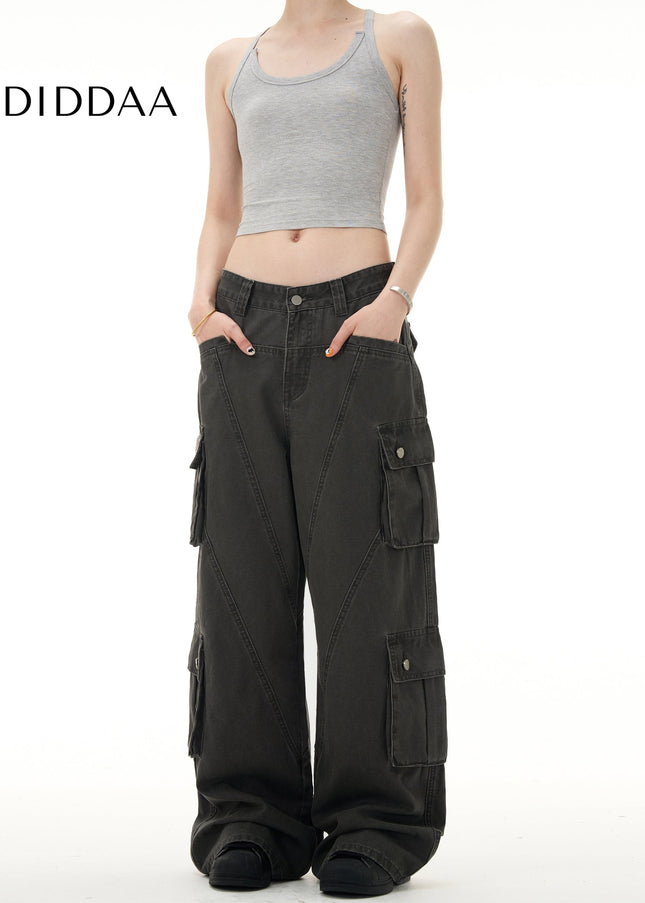 Beige Deconstructed Cargo Jeans Multi-Pocket Loose Fit - Men’s Jeans