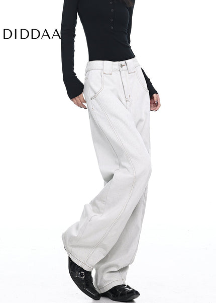 Beige Deconstructed Loose Wide-Leg Scimitar Jeans - Women’s Jeans