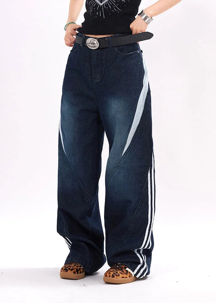 Beige Deconstructed Striped Wide-Leg Mop Pants - Men’s Jeans