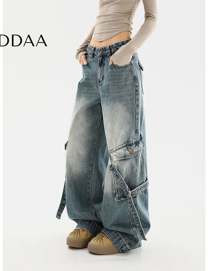 Beige Distressed Multi-Pocket Cargo Wide Leg Jeans - S / Blue - Women’s Jeans