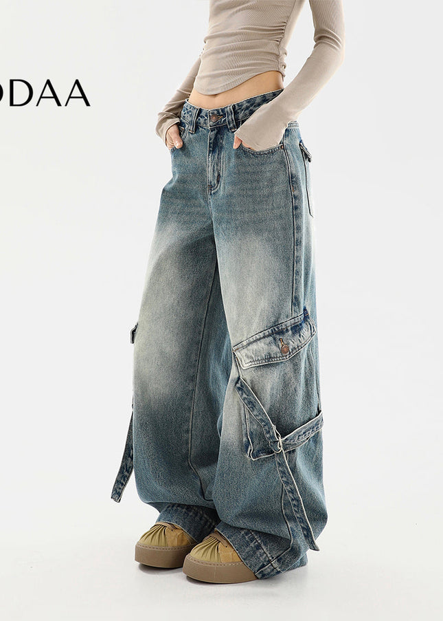 Beige Distressed Multi-Pocket Cargo Wide Leg Jeans - S / Blue - Women’s Jeans