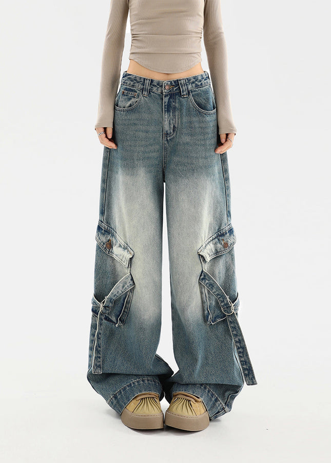 Beige Distressed Multi-Pocket Cargo Wide Leg Jeans - Women’s Jeans