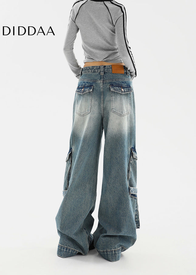 Beige Distressed Multi-Pocket Cargo Wide Leg Jeans - Women’s Jeans