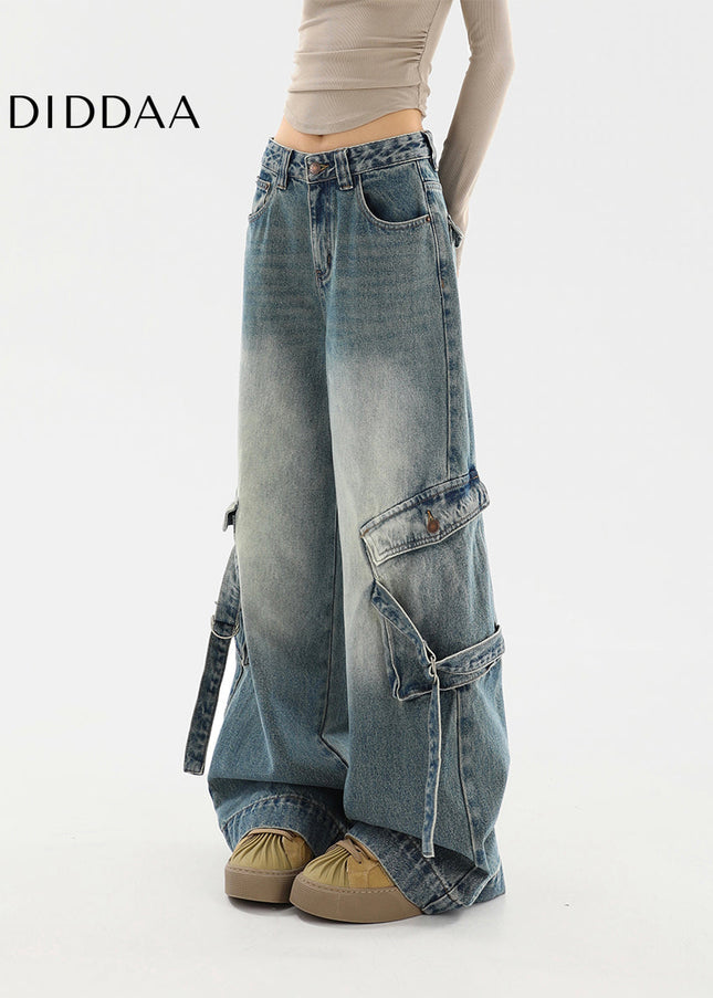 Beige Distressed Multi-Pocket Cargo Wide Leg Jeans - Women’s Jeans