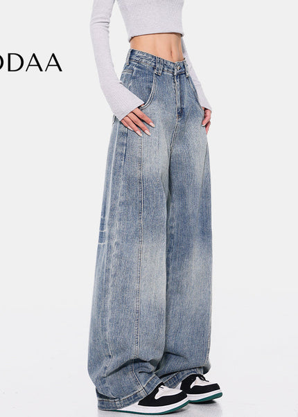 Beige High Waist Deconstructed Bamboo Wide-Leg Pants - S / Vintage Blue - Women’s Jeans
