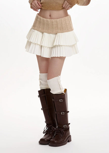 Beige High-Waisted Pleated Knitted Skirt Women’s Autumn Winter 2024 - Skirts