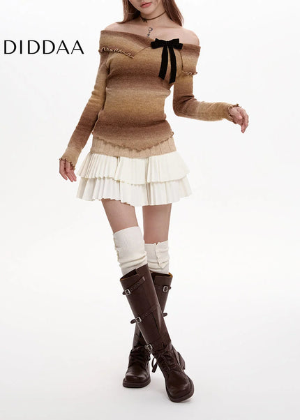 Beige High-Waisted Pleated Knitted Skirt Women’s Autumn Winter 2024 - Skirts