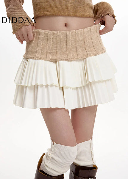 Beige High-Waisted Pleated Knitted Skirt Women’s Autumn Winter 2024 - Skirts