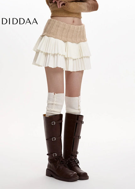 Beige High-Waisted Pleated Knitted Skirt Women’s Autumn Winter 2024 - Skirts