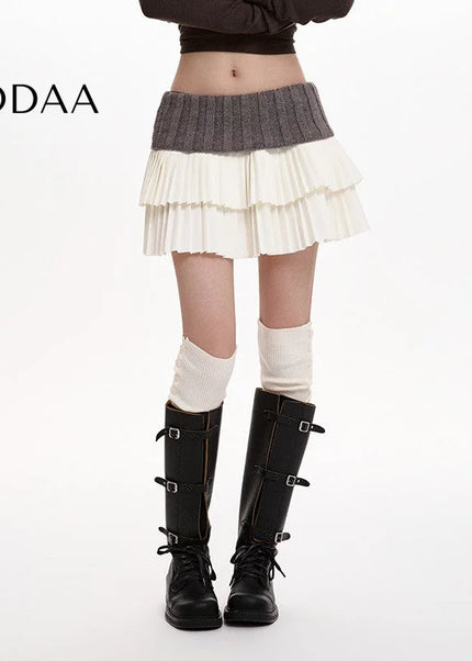 Beige High-Waisted Pleated Knitted Skirt Women’s Autumn Winter 2024 - S / Grey - Skirts