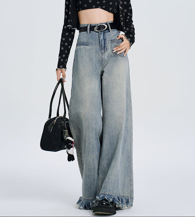 Beige High-Waisted Retro Flabby Wide-Leg Pants - Women’s Jeans