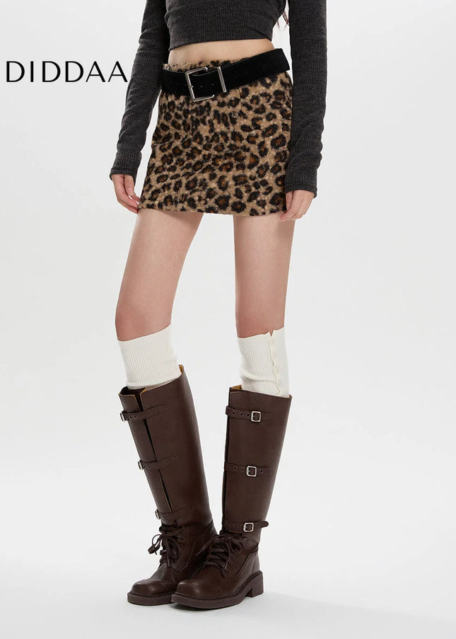 Beige High-Waisted Slim A-Line Lamb Wool Leopard Print Skirt - Skirts