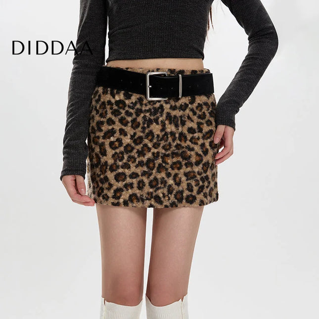 Beige High-Waisted Slim A-Line Lamb Wool Leopard Print Skirt - Skirts