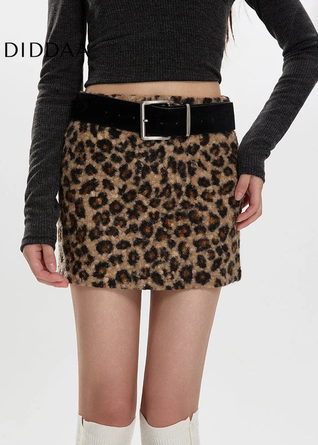 Beige High-Waisted Slim A-Line Lamb Wool Leopard Print Skirt - Skirts