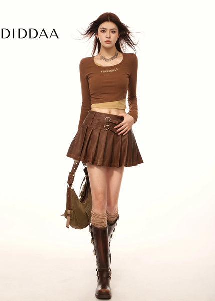 Beige High-Waisted Slim Pleated A-Line Skirt - Skirts