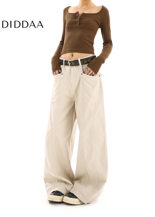 Beige High-Waisted Straight-Leg Cargo Jeans - Women’s Jeans
