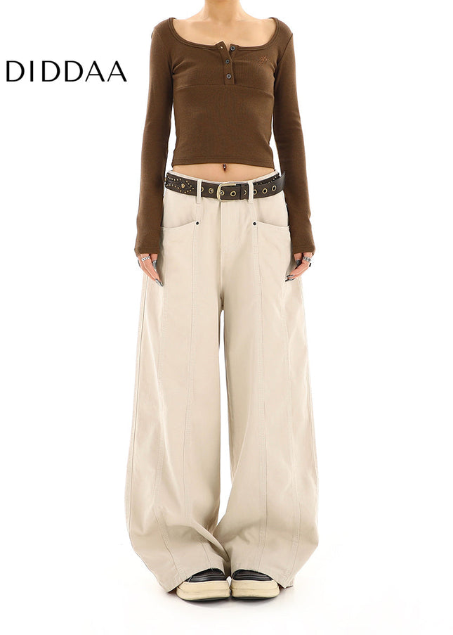 Beige High-Waisted Straight-Leg Cargo Jeans - Women’s Jeans