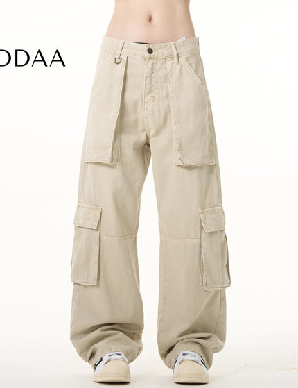 Beige Large Pocket Straight Leg Cargo Pants for Men and Women - S / Apricot - Men’s Jeans