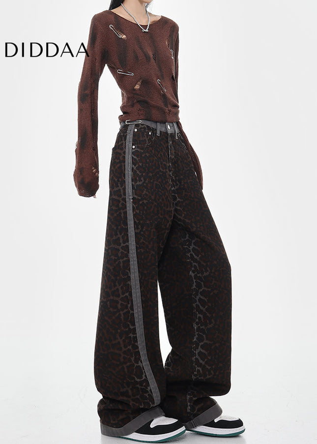 Beige Leopard Print High-Waisted Baggy Jeans - Women’s Jeans