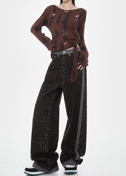 Beige Leopard Print High-Waisted Baggy Jeans - Women’s Jeans
