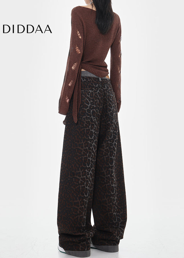 Beige Leopard Print High-Waisted Baggy Jeans - Women’s Jeans