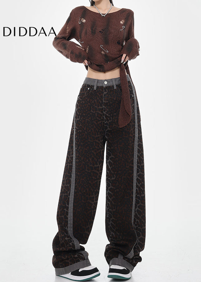 Beige Leopard Print High-Waisted Baggy Jeans - Women’s Jeans