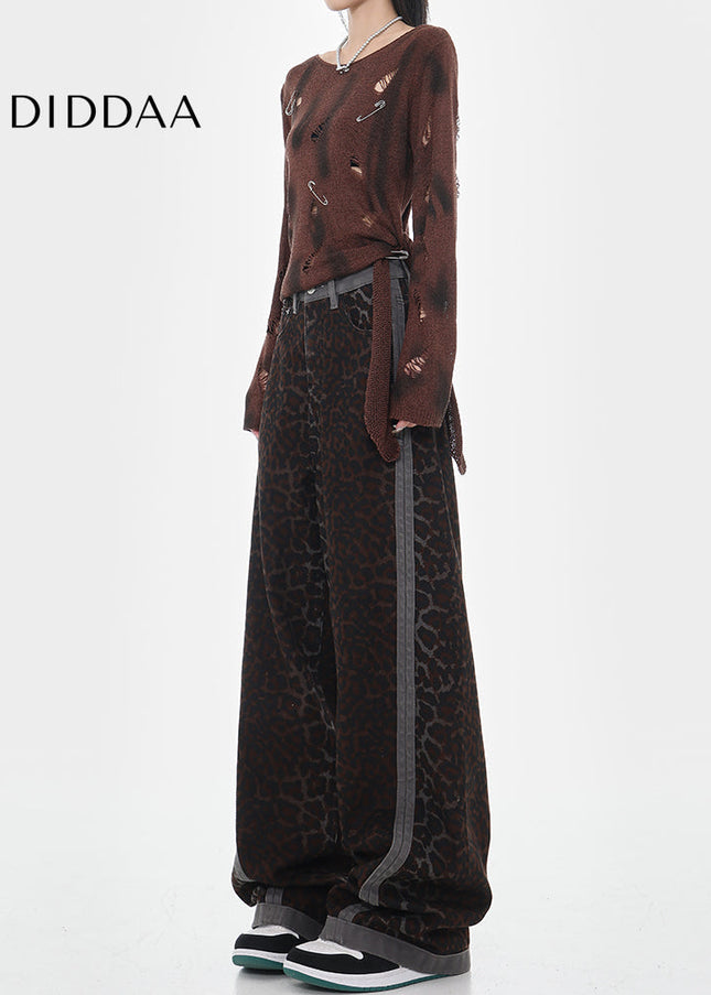 Beige Leopard Print High-Waisted Baggy Jeans - Women’s Jeans