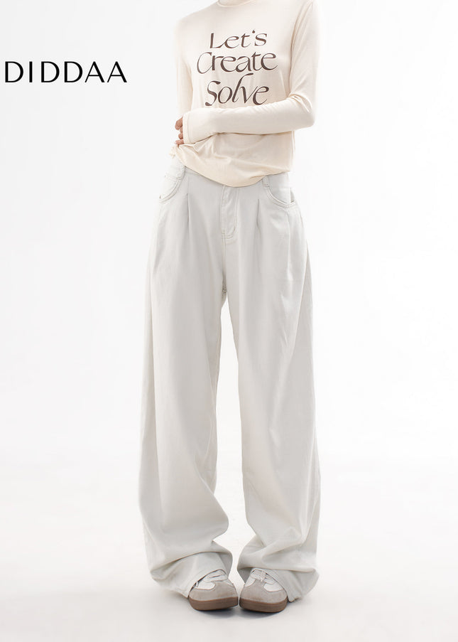 Beige Loose Drap Casual Wide-Leg Jeans for Women - Women’s Jeans