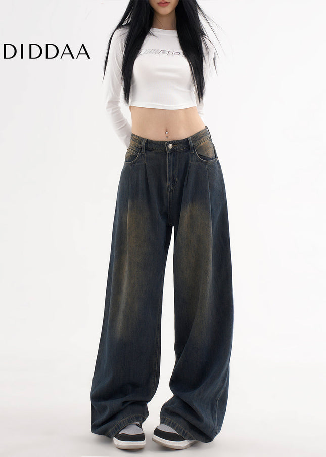 Beige Loose Drap Casual Wide-Leg Jeans for Women - Women’s Jeans